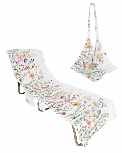 Fall Leaves Flower Beach Chair Towel Covers for Chaise Lounge With Side Pocket, Soft Plush Pool Towels Cover for Patio Sunbathing Outdoor 29''x85'' Eucalyptus Leaves Botanical Plant Aesthetic Herb