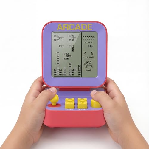 Silvergear® Mini Consola Arcade Retro Escritorio | Consola Juegos Brick 26 Juegos 99 Niveles | Mini Máquina Arcade | Pantalla LCD 2 bit | Consola Portátil | 9×6,5×9,5 cm | Rojo Morado