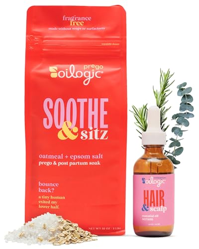 Oilogic Postpartum Bundle 2-Pack Includes Soothe & Sitz Oatmeal Epsom Salt Bath Soak + Hair & Scalp Essential Oil Serum - Pregnancy & Postpartum Care Kit with Natural Formulas for Soothing Relaxation