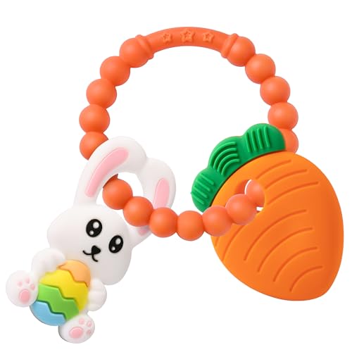 Easter Eggs Bunny Teething Toys Easter Basket Essentials Stuffers Silicone Easter Egg Baby Carrot Teether Toys Baby Carrots for Babys First Easter Gifts Easter Decorations for Infant Boys Girls