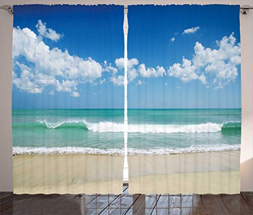 Ambesonne Modern Curtains, Sandy Beach with a Open Skyline in The Island Theme of a Coastal and Peaceful Holiday Print Art, Living Room Bedroom Window Drapes 2 Panel Set, 108" X 96", Turquoise Cream