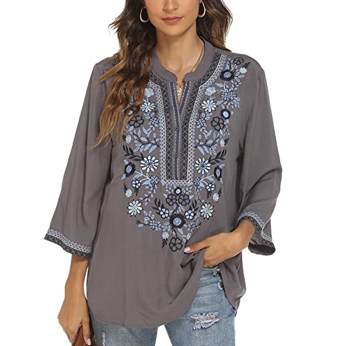 Lauraklein Women's Mexican Embroidered Tops For Women V Neck 3/4 Sleeve Shirts Peasant Casual Loose Summer Tunics Blouse (As1, Alpha, 3X_L, Regular, Regular, Grey) #TOP2