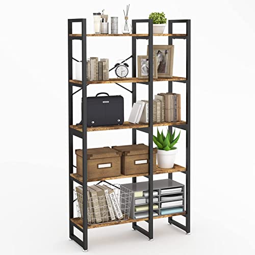 Easyzon 5 Tier Bookshelf And Bookcase, Rustic Industrial Bookshelf, Large Etagere Bookshelf Open Display Shleves With Metal Frame For Living Room Bedroom Home Office #TOP2