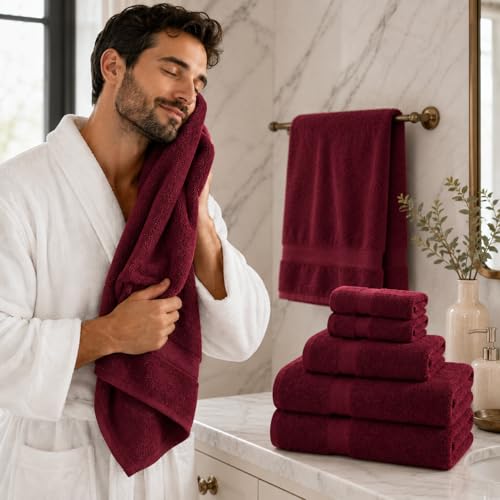 Image of Sulfar 100% Combed Cotton, 6 Pcs Towel Set - 2 Bath Towels (70 x 140 cm), 2 Hand Towels (40 x 70 cm) and 2 Face (30 x 30 cm) (600 GSM, Pack of 6) Red Wine
