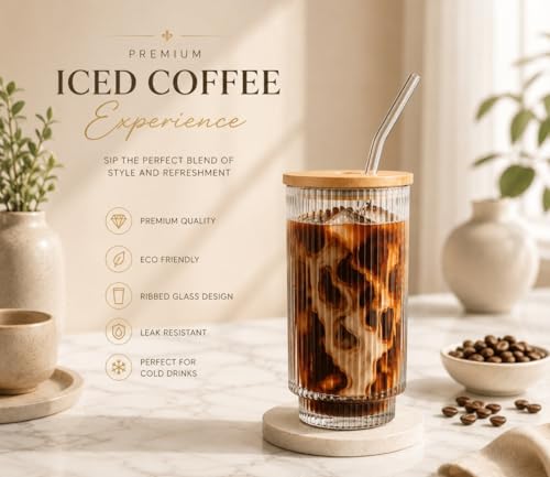 Image of COOLBIT 320ml Glass Sipper with Straw and Lid | Ribbed Glass Tumbler with Bamboo Lid | Reusable Drinking Glass for Coffee, Juice, Smoothie & Cold Drinks