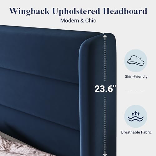 Image of Allewie Queen Size Platform Bed Frame with Velvet Upholstered Wingback Headboard, No Box Spring Needed, Under Bed Storage Space, Wooden Slats, Modern Mattress Foundation, Easy Assembly, Blue