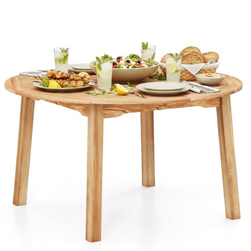 Tangkula 53' Round Outdoor Dining Table for 4-6 People, Acacia Wood Patio Table with Large Tabletop & 2' Umbrella Hole, Farmhouse Dining Furniture for Yard, Deck, Garden, Poolside