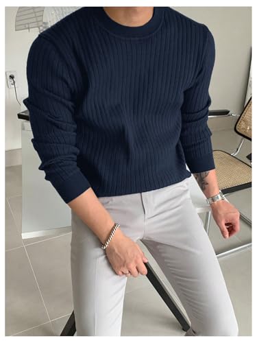 OYOANGLE Men's Round Neck Long Sleeve Ribbed Knit Sweaters Solid Basic Comfortable Casual Pullover Tops3