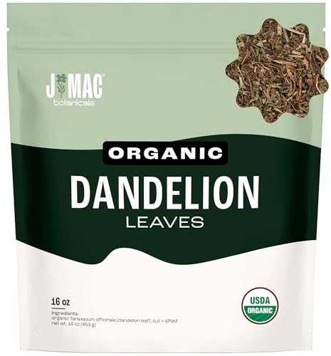 J Mac Botanicals, Organic Dandelion Leaves (16 oz bag) USDA Certified Organic Dandelion leaf tea, te diente de leon organico, Packaged in the USA, Cut and Sifted, No Caffeine, Fresh dried dandelion