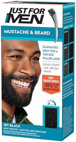 Just For Men Mustache & Beard, Beard Coloring for Gray Hair with Brush, With Keratin Biotin Aloe and Coconut Oil for Healthy Facial Hair - Jet Black, M-60, Pack of 1 (Packaging May Vary)