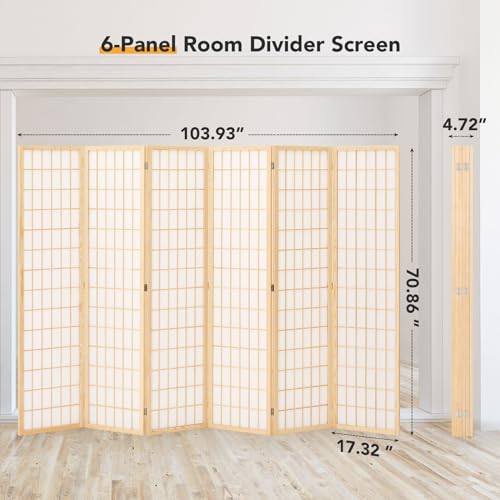 JOSTYLE Room Divider Wall Shoji Screen, 6 Panel Folding Privacy Screen for Room Separation, Japanese Wood Room Divider Screen, 5.9 Ft, Natural