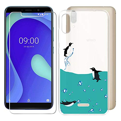 HHUAN Coque pour Wiko Y80 Semi-Transparent Cover Souple Silicone TPU Eau de Pingouin Housse Etui Bumper Case + HD Verre trempé en écran Film Protecteur pour Wiko Y80 (5.99')