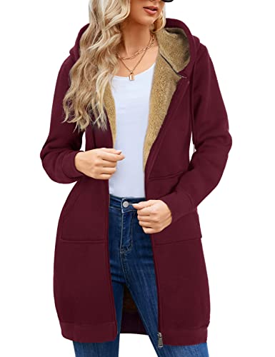 UMIPUBO Women's Zip Up Hoodies Tunic Casual Fleece Jackets Ladies Sweatshirts Fall Long sherpa lined Coats(Burgundy,L)