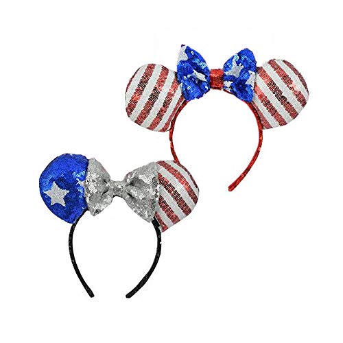 [2-Pack] Disney Minnie Mouse Sequin American Flag Patriotic Ears & Bow Headbands