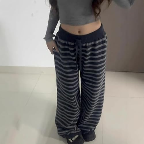 Alternative Drawstring Wide Leg Baggy Pants Streetwear Striped Knit Lounge Pants Women3