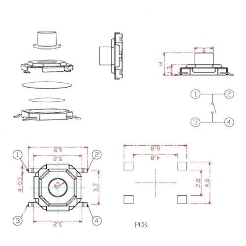 Pulsadores táctiles SMD 4x4x1.7 mm con microinterruptor de cabezal de cobre pack de 4000 unidades 6
