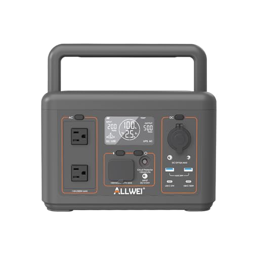 ALLWEI Portable Power Station 500W, 512Wh LiFePO4 Battery, UPS Function, 2.5Hrs Fast Charge, 2 AC Outlets(Surge 1000W), Solar Generator for Outdoor Camping RV CPAP Home Emergency