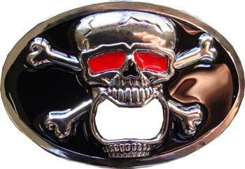 RED-EYED SKULL AND CROSSBONES Metal Bottle Opener Belt Buckle