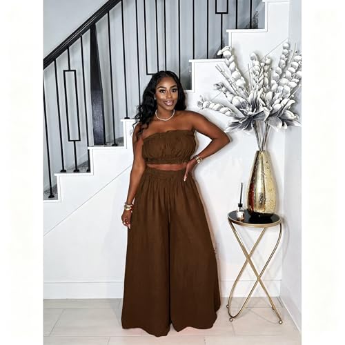 Image of Two Piece Sets for Women Summer Outfits Crop Tops and Wide Leg Pants Sets Sexy Jumpsuits Vacation Outfits with Pockets