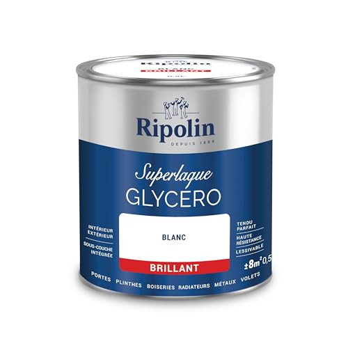 RIPOLIN - Peinture Laque Glycéro Intérieure/Extérieure - Boiseries et Structures Métalliques - Résistance Accrue - Durabilité Remarquable - Blanc - Brillant - 0,5L