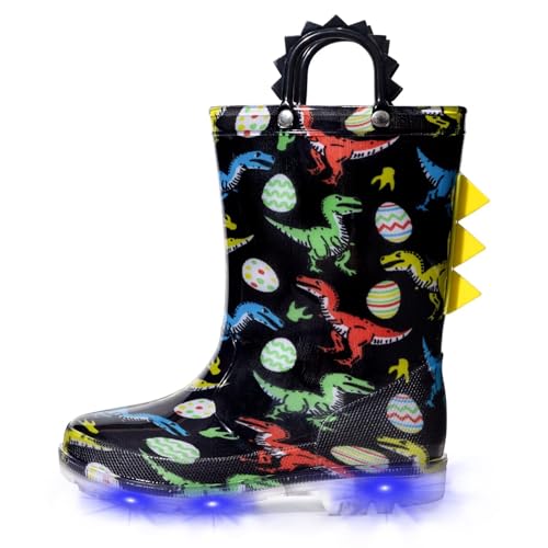 EUXTERPA Toddler Kids Waterproof Light Up Rain Boots Patterns and Glitter Boots with Handles for Boys, Easter Dinosaur, Little Kid Size 12