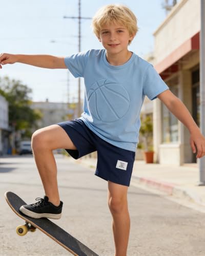 Image of Boys 2 Piece Outfits Short Sleeve Basketball Pattern T-Shirt and Shorts Summer Clothes for Kids 5-12 Years