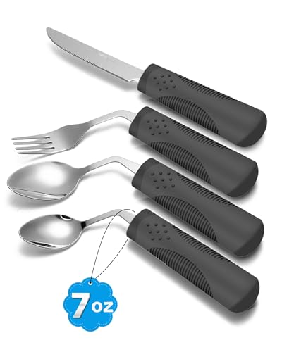 BaseSmall Adaptive Utensils (4-Piece Set) Weighted 7 oz - 42° Angled Utensils for Parkinson's Patients, Hand Tremors, Arthritis & Elderly - Eating Utensils for Elderly (Black: Right Handed)
