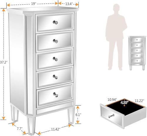 Image of VINGLI Mirrored Dresser 5 Drawers Modern Chest, Mirrored Chest of Drawers, Glass Dresser for Living Room, Silver