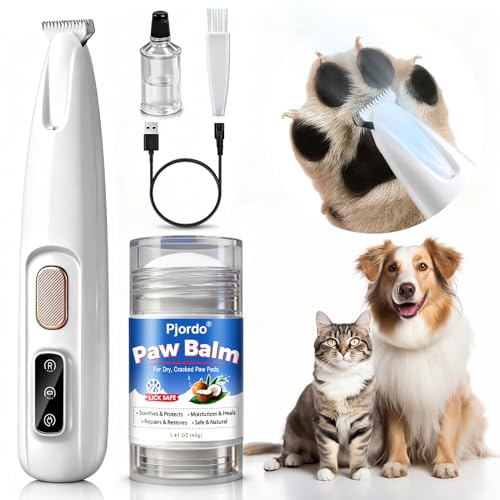Pjordo Tondeuse pour pattes de chien et chat avec baume pour pattes d'animaux domestiques, tondeuse pour visage de chien à faible bruit avec lumière LED,...