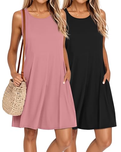 Ficerd 2 Pack Women's Summer Dresses, Casual Sleeveless Sundresses Pockets Beach Cover up Crew Neck Swing Tank Dress 2025