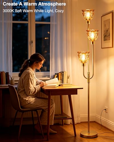 Image of Lightdot 66IN 3-Lights Modern Glass Floor Lamp Gold Dimmable Floor Lamps with 3000K Warm White Bulbs for Wedding Party Tall Standing Lamp with Amber Glass Shade for Living Room /Bedroom /Home Decor