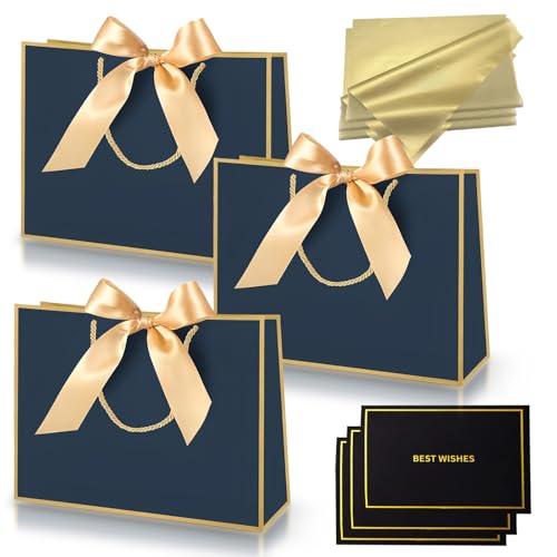 3 pièces Sacs Cadeau Or Naval,Pochettes Cadeau en Papier Moyen avec Anse,Emballage Cadeaux avec Ruban d'Arc 3 Cartes 6 Mouchoirs,pour Anniversaires Mariages Fêtes Noël Paquet Luxe Elégantes