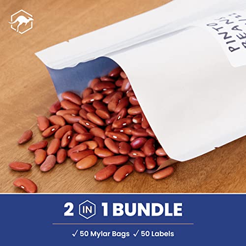 Wallaby 50 Count 2-Quart Mylar Bags with Labels, 10 Mil Total Thickness Long-Term Food Storage Pouches, 8x12 Heat-Sealable Airtight Packaging - Silver