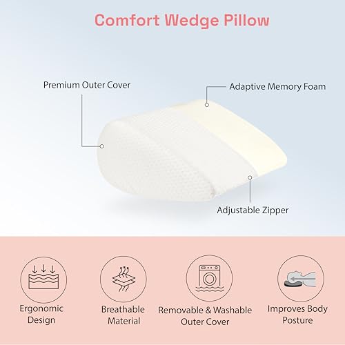 Image of Wakefit Memory Foam Curved Wedge Pillow | Soft, Washable Cover | Multi-Purpose Support for Back Relief, Leg Elevation & Knee Comfort | White