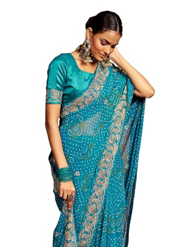 Image of Satrani Women'S Georgette Embroidery Bandhani Printed Saree With Unstitched Blouse Piece