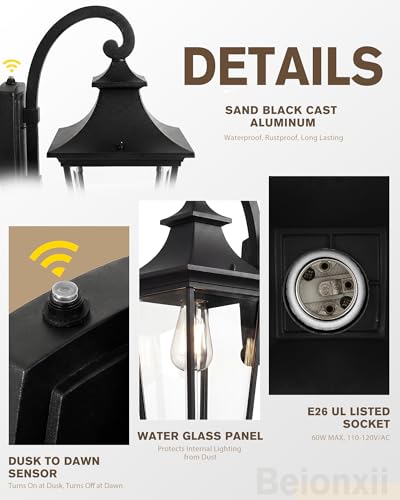 Image of Beionxii 21Inch Outdoor Wall Light, Dusk to Dawn Large Outdoor Wall Lantern | Porch Lantern,Black Front Door Wall Lighting,Cast Aluminum w /Clear Glass for Coastal Pillars Paths Porch,120V, BX-OD02-WL-21S