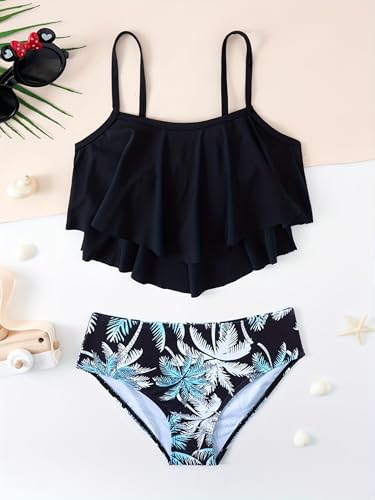 Kids Girls 2Pcs Spaghetti Straps Tankini Top with Graphic Print Bottom Bikini Set Swimsuit Bathing Suit3