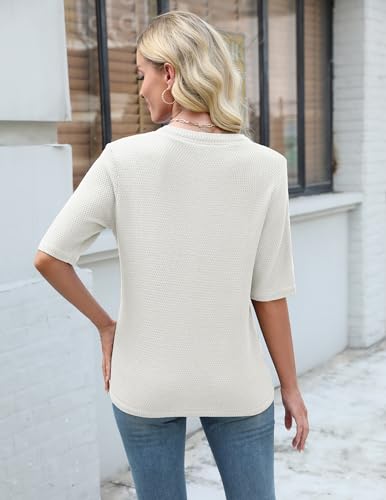 Image of Women's Summer Button Down Shirts Casual Short Sleeve Crew Neck Ribbed Knit Blouse Open Front Work Cardigans