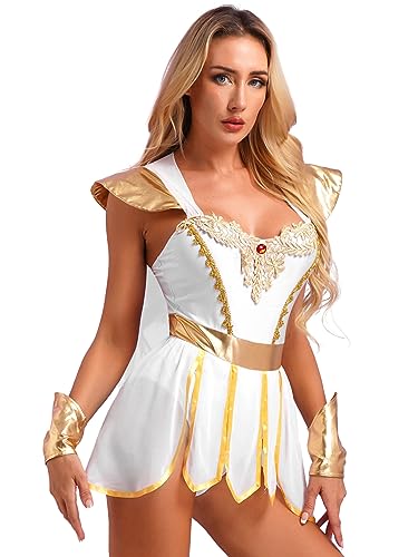 inlzdz Disfraz de Diosa Romana Toga Griega Antigua para mujer falda pétalos con capa con pulseras Disfraces de fiesta temática de Halloween Blanco M