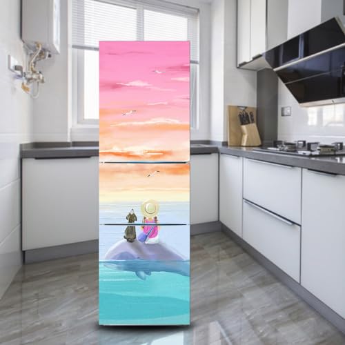 Fridge wraps kitchen fridge stickers cover full doors, fridge sticker full covering door fridge covers decor, freezer skins wall stickers for kitchen decal, Pink Sky Sea Girl sitting on the whale