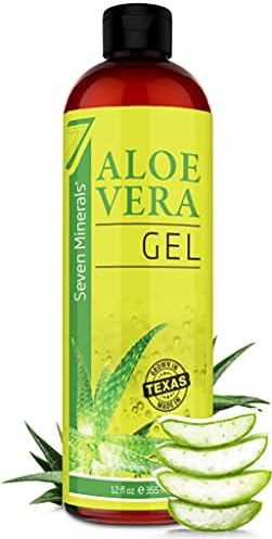 Seven Minerals Organic Aloe Vera Gel from freshly cut 100% Pure Aloe - Big 12oz - HighestQuality, Texas grown, Vegan, Unscented - For Face, Skin, Hair, Sunburn relief