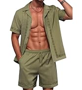 ZSJR Mens 2 Pieces Linen Set Short Sleeve Shirt and Shorts Resort Wear Summer Vacation Beach Yoga...