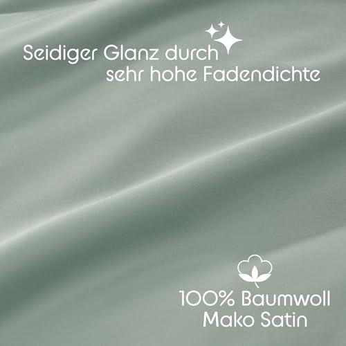 Foto von Blumtal Mako Satin Bettwäsche 135 x 200 & 80x80 cm Kissenbezug Grün - Oeko Tex Zertifizierte Satin Bettwäsche aus 100% Baumwolle - edler Bettbezug Glanzoptik 135x200 Satin mit Reißverschluss