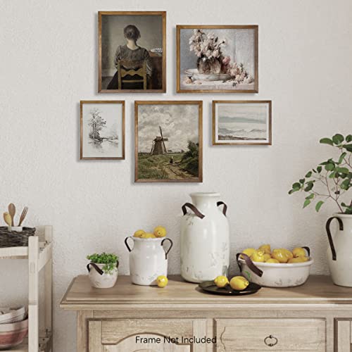 Modern Farmhouse Wall Art Decor - Art Deco Landscape Pictures For Bathroom - Boho Country Kitchen Print Posters - Aesthetic Vintage Cottagecore Floral Painting - Portrait Flower Windmill Nature Sketch #TOP2