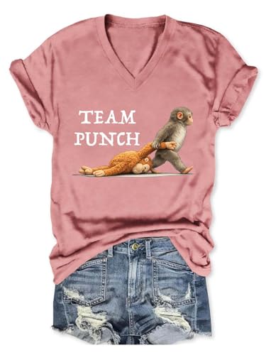 Team Punch Monkey V-Neck T-Shirt Cute Baby Monkey Punch Shirt Medium Pink