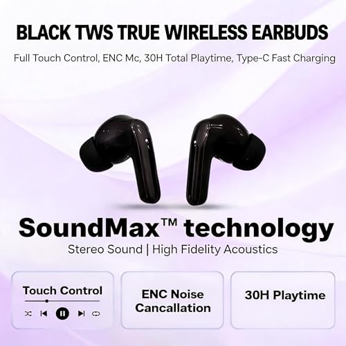 Image of Bluetooth 5.3 Wireless Earbuds with ENC Noise Cancellation, Premium Studio Sound, Smart Touch Control, Long Battery Life, Type-C Charging, Deep Bass TWS Earphones (Black)