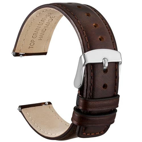 WOCCI 22mm Uhrenarmband für Herren und Damen, Echtes Leder - Top Genarbtes Leder, Schnellverschluss, Silberne Schnalle (Dunkelbraun)