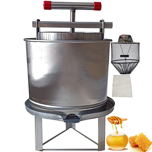 HCTOOL 蜂蜜 絞り器 蜂蜜圧搾機 蜂蜜分離器 蜜を絞り器 手動 ジューサー 絞り器 圧搾機 蜜絞り機 野菜脱水機 みしん はちみつ 脱水機 みつろう/ミツロウ ワックス/蜜蝋 ステンレス 圧縮製蝋器 (12L、飛沫防止バケット)