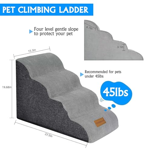 Breiter Hundetreppe 4 Stufen 50cm hoch für Kleine Hunde, Hochdichtem Schaumstoff Haustiertreppe, Waschbarem Bezug und Rutschfestem Boden, 51x72x41cm