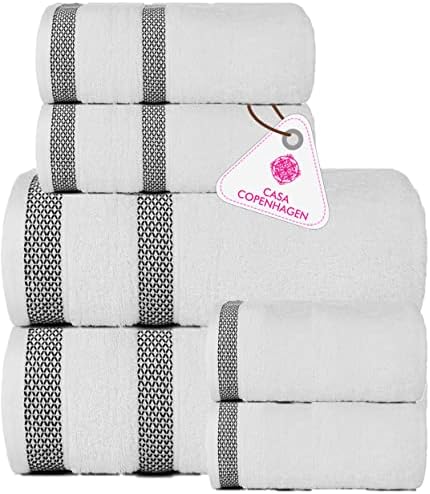 CASA COPENHAGEN Designed in Denmark 600 GSM 2 Large Bath Towels 2 Large Hand Towels 2 Washcloths, Super Soft Egyptian Cotton 6 Towels Set for Bathroom, Kitchen & Shower - Bright White